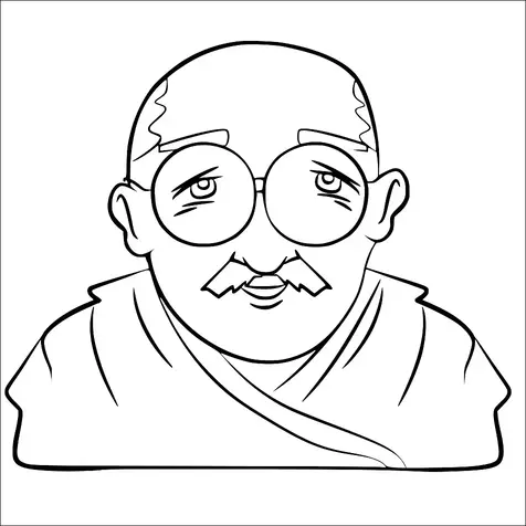 Se representa a un anciano con gafas redondas y bigote, vistiendo una prenda drapeada. Su expresión es gentil y pensativa. El hombre es calvo con cejas distintivas. El diseño enfatiza la simplicidad y la paz.