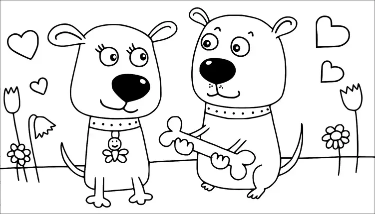 Dos perros de dibujos animados están juntos, con uno sosteniendo un hueso grande. Hay flores y corazones dispersos en el fondo. El perro de la izquierda tiene una flor en su collar, y ambos perros tienen expresiones felices. El escenario parece ser alegre y al aire libre.
