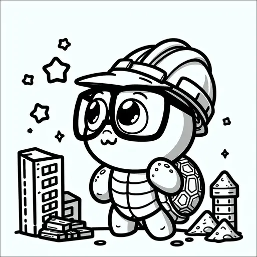 Una linda tortuga lleva un casco de construcción y gafas grandes, parada con confianza entre pequeños edificios y diminutas estrellas. La tortuga tiene una expresión amigable, con líneas detalladas en su caparazón y extremidades. Alrededor de la tortuga hay imágenes de un edificio alto, ladrillos apilados y montones de arena, indicando un tema de sitio de construcción. Varias formas de estrellas están posicionadas alrededor de la tortuga, añadiendo un toque caprichoso.