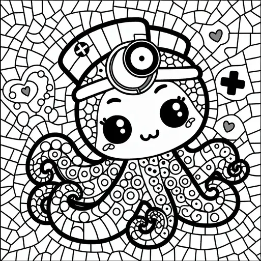 Un pulpo de dibujos animados lleva una gorra de enfermera y una lámpara frontal, sugiriendo un tema médico. El fondo está lleno de diseños en forma de corazón y patrones geométricos. El pulpo tiene ojos grandes y expresivos y una pequeña sonrisa. Sus tentáculos están decorados con varios patrones circulares.