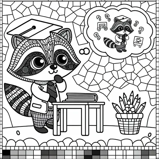 Un mapache con birrete de graduación y bata de laboratorio se encuentra pensativo junto a una mesa con libros. En una burbuja de pensamiento, el mapache se pregunta acerca de una pizarra y símbolos científicos. Una cesta llena de lápices está colocada cerca de la mesa. El fondo consiste en un patrón de mosaico.
