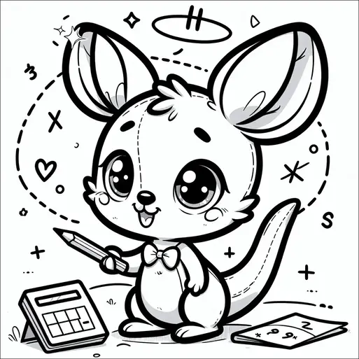 Un lindo canguro con grandes orejas sostiene un lápiz y se encuentra junto a una calculadora y un pedazo de papel. Hay garabatos juguetones como estrellas y corazones a su alrededor. El canguro parece alegre con ojos brillantes y una pequeña corbata de moño. Los detalles adicionales incluyen un número y letras dispersas en el fondo.