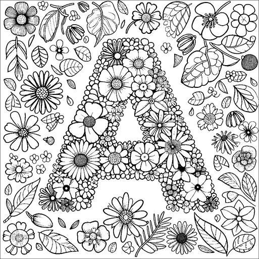 Una gran letra "A" está compuesta de varias flores y hojas detalladas intrincadamente. Alrededor de la letra hay flores y hojas adicionales, creando un patrón botánico denso. La obra de arte es en blanco y negro, mostrando diferentes diseños y texturas florales. La disposición es simétrica y estéticamente agradable.