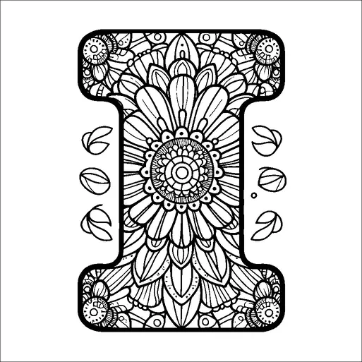 Una gran letra "I" estilizada está intrincadamente decorada con patrones florales, presentando detallados pétalos y motivos circulares. El diseño incorpora flores y hojas simétricas, creando una apariencia armoniosa e intrincada. Pequeñas hojas o brotes se posicionan a ambos lados de la letra, mejorando la simetría y el equilibrio general del diseño.