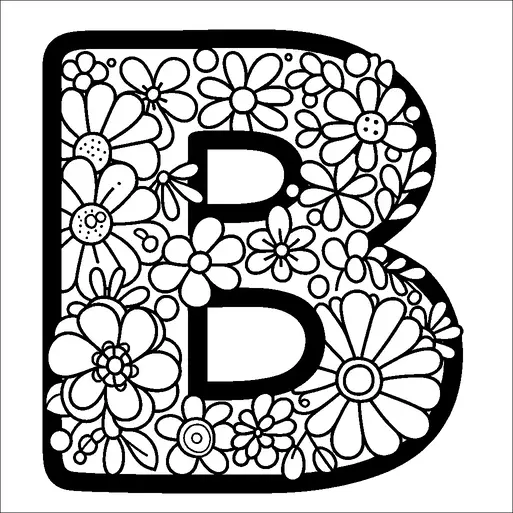 Una gran letra "B" está adornada con un patrón intrincado de varias flores. Diferentes tipos de flores se superponen y llenan el interior, creando un diseño floral denso. Cada flor tiene formas distintas, incluyendo pétalos y centros, dando una rica textura al patrón general. La disposición proporciona una mezcla armoniosa entre la letra audaz y los delicados elementos florales.