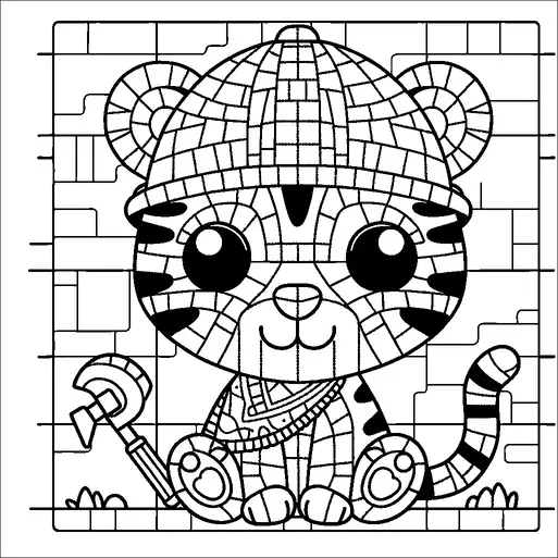 Un tigre de dibujos animados con grandes ojos expresivos, llevando un acogedor gorro de punto, está sentado contra un fondo estilizado de pared de ladrillo. Su cola se riza juguetonamente hacia un lado, y está sosteniendo un pequeño hacha a su lado. Las características del tigre están acentuadas con audaces rayas y una amplia y amigable sonrisa, creando una apariencia caprichosa y acogedora. Pequeños detalles como el hacha y el gorro añaden un sentido de aventura o artesanía.