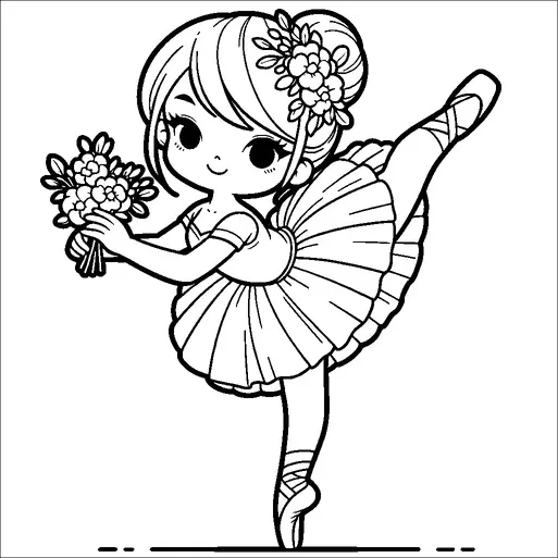 Una joven bailarina en un tutú sostiene un ramo de flores mientras realiza una pose de ballet en puntas. Su cabello está peinado en un moño adornado con flores. La expresión de la bailarina es alegre y compuesta. La imagen evoca una sensación de gracia y elegancia.