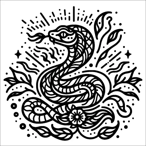 Una serpiente estilizada está enrollada en un diseño artístico rodeado de elementos decorativos como hojas y una flor. El cuerpo de la serpiente está intrincadamente estampado, con su lengua asomándose. Líneas radiantes y puntos crean una sensación de movimiento y energía alrededor de la serpiente. El diseño incluye motivos ornamentales que añaden al atractivo estético general.
