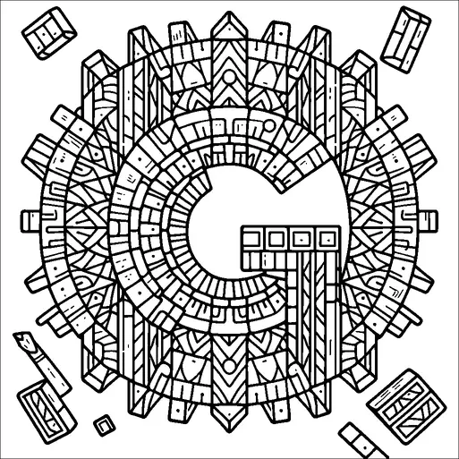 Una gran y compleja forma similar a un engranaje domina el centro de la imagen. El engranaje está compuesto por numerosos patrones geométricos, incluyendo triángulos, rectángulos y líneas. Alrededor del engranaje central, flotan piezas más pequeñas y fragmentadas, sugiriendo desmontaje o movimiento. El diseño es simétrico y visualmente complejo, con un enfoque en formas agudas y angulares.