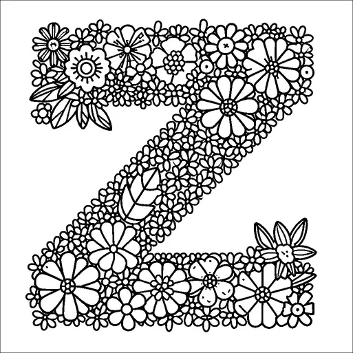 Una gran letra "Z" está compuesta completamente de varias flores y hojas. Diferentes tamaños y tipos de flores crean un patrón intrincado, con flores más grandes colocadas esporádicamente. El aspecto general es decorativo y floral, con densos racimos de pétalos y hojas llenando la letra. El diseño es visualmente impactante con un tema botánico armonioso.