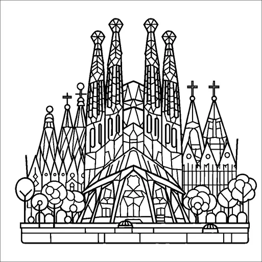 Un detallado dibujo a línea de la icónica Sagrada Familia resalta su intrincada arquitectura. Las altas torres y los patrones geométricos están claramente representados, rodeados de árboles estilizados y una valla. El diseño captura la grandeza y complejidad de la famosa basílica. Esta ilustración muestra los elementos arquitectónicos únicos del monumento.