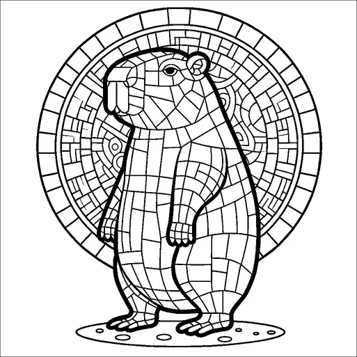 Se representa un castor de pie con un patrón detallado que se asemeja a un mosaico o vidriera. El fondo consta de intrincados diseños circulares que complementan la figura principal. Los grandes dientes y el cuerpo redondeado del castor se destacan en el diseño. Se encuentra sobre una plataforma ovalada con pequeños elementos circulares debajo de sus pies.