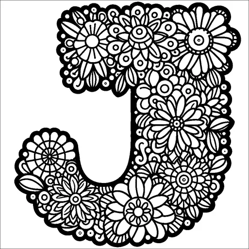 Una gran letra "J" está intrincadamente decorada con patrones de flores y hojas. El diseño incluye una variedad de formas florales, algunas con pétalos detallados y centros circulares. Patrones en espiral y pequeñas hojas llenan los espacios entre las flores, creando una apariencia densa y decorativa. Toda la composición tiene un diseño armonioso e intrincado.