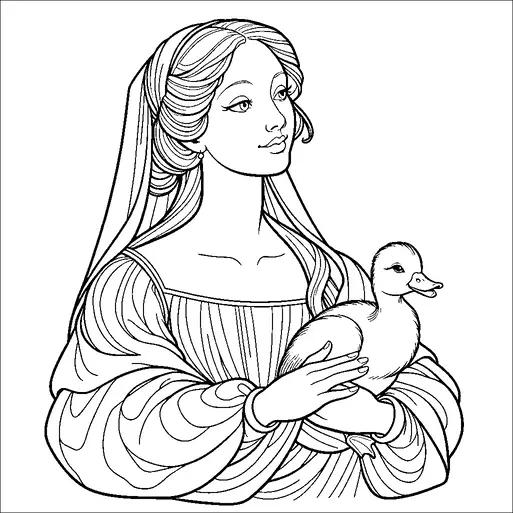 Una mujer con cabello largo y fluido y una expresión serena sostiene un patito en sus brazos. Lleva un vestido con mangas fluidas y su cabeza está cubierta con un velo. El patito parece contento anidado en su abrazo. Ambas figuras exhiben un comportamiento tranquilo y pacífico.