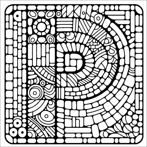 Una gran letra "P" se muestra prominentemente, llena de intrincados patrones y formas geométricas. El diseño consta de varios círculos, arcos y rectángulos dispuestos simétricamente para crear una apariencia similar a un mosaico. El fondo que rodea la letra presenta patrones intrincados similares, creando un aspecto cohesivo y detallado. La letra y el fondo están encerrados dentro de un borde cuadrado.