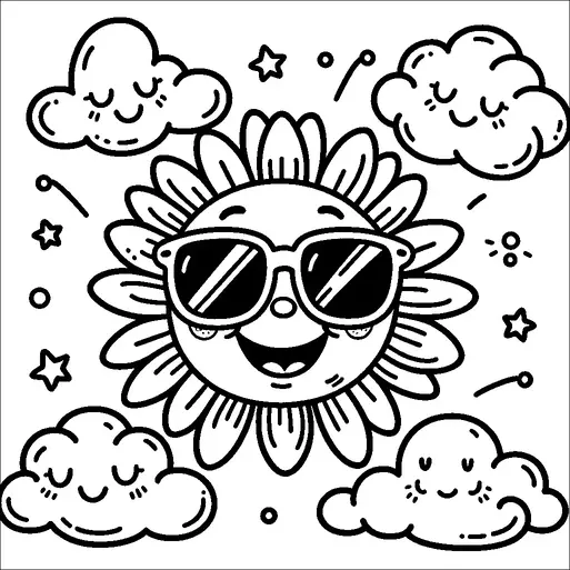 Un alegre sol con gafas de sol está rodeado de nubes sonrientes y pequeñas estrellas. El sol tiene una expresión animada, con detallados rayos que emanan de él. Las nubes tienen expresiones faciales entrañables, añadiendo un ambiente juguetón. Pequeños elementos celestiales como estrellas y puntos complementan la escena.