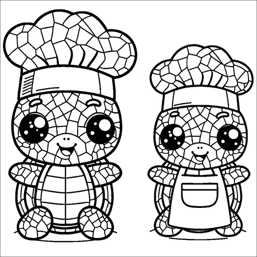 Dos tortugas están vestidas como chefs, llevando grandes sombreros de chef y delantales. Sus caparazones están decorados con un diseño de mosaico geométrico. Ambas tienen grandes ojos redondos y expresiones amigables. Las tortugas se representan sentadas erguidas, creando una escena linda y alegre.