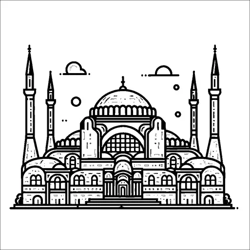 Esta ilustración muestra una gran mezquita con múltiples cúpulas y cuatro altos minaretes. La cúpula central está flanqueada por cúpulas más pequeñas, y la fachada presenta arcos y patrones geométricos. Se incluyen nubes y círculos en el fondo, añadiendo un elemento decorativo. La arquitectura refleja el diseño islámico, enfatizando la simetría y la grandeza.