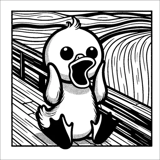 Un patito esponjoso está sentado en un puente de madera con una expresión de sorpresa y la boca abierta. El fondo presenta líneas onduladas que recuerdan a olas o viento dramáticos. Sus alas están levantadas hacia su cara, añadiendo una sensación de alarma o shock. La escena está enmarcada con líneas audaces y curvas que crean una atmósfera dinámica y expresiva.