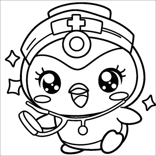 Un pingüino vestido de médico lleva un estetoscopio y un espejo frontal con una cruz. El pingüino tiene ojos grandes y expresivos y un pico pequeño y abierto, dando una apariencia alegre. Destellos rodean al pingüino, añadiendo un toque de encanto y emoción. La imagen transmite una interpretación juguetona y adorable de un personaje de médico.