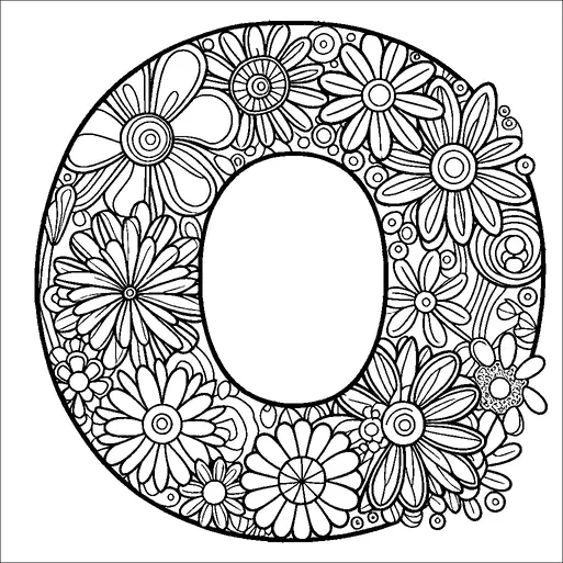 Una gran letra "O" está intrincadamente llena de patrones florales, incluyendo varios tamaños de flores y diseños circulares. Las flores están densamente empaquetadas dentro de la forma, mostrando una variedad de arreglos de pétalos y diseños centrales. Algunas flores tienen pétalos grandes, mientras que otras son más pequeñas con más detalle. La composición general crea una apariencia armoniosa y decorativa centrada en elementos botánicos.