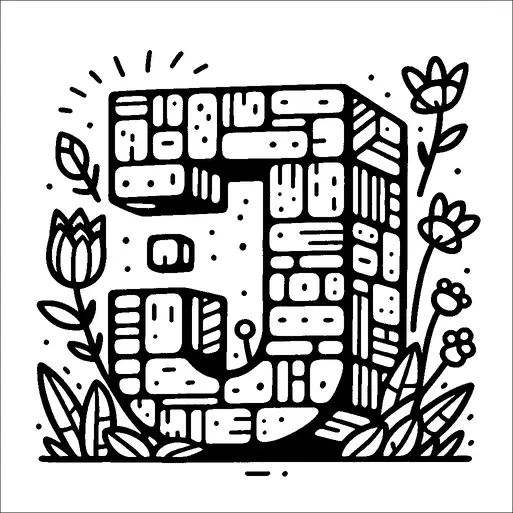 Se ilustra una gran letra decorativa "J" con un patrón de formas geométricas abstractas. Alrededor de la letra hay varias flores y hojas, añadiendo un elemento natural a la composición. El diseño incorpora una mezcla de puntos y líneas para un detalle adicional. La disposición general es simétrica y equilibrada.