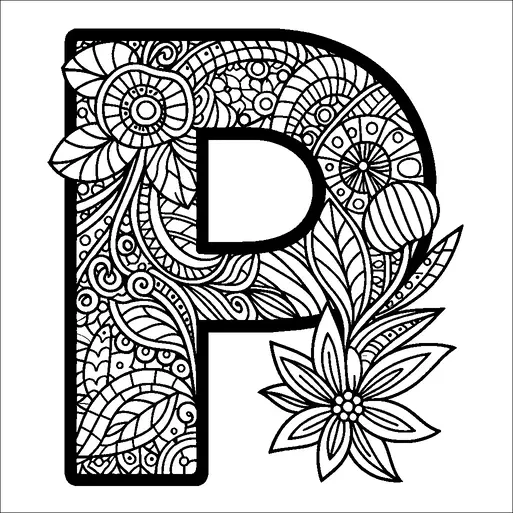 La letra "P" está intrincadamente decorada con varios patrones florales y abstractos. Hojas, flores y espirales llenan el interior de la letra, creando un diseño detallado. Los símbolos y patrones son complejos, con áreas para potencialmente llenar de color entre líneas ornamentales. Varios motivos florales prominentes se extienden desde los bordes, añadiendo interés visual.