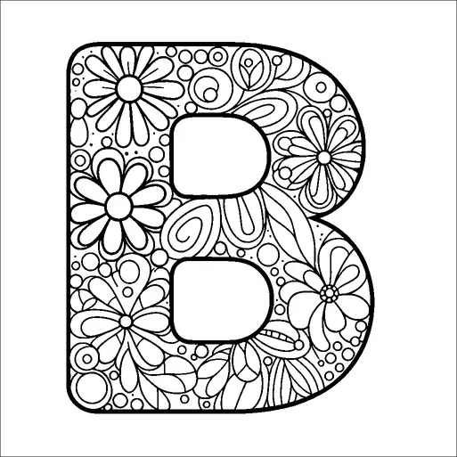 Una gran y audaz letra "B" está llena de intrincados patrones y diseños florales, incluyendo varias flores, hojas y círculos. La obra de arte es detallada, con elementos superpuestos que crean una sensación de profundidad. El uso de formas orgánicas y motivos en espiral complementan el tema floral general. Presenta una mezcla armoniosa de elementos inspirados en la naturaleza dentro de la forma de la letra.