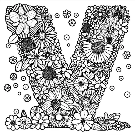 Una gran letra "V" está llena de un intrincado patrón de varias flores, mostrando diferentes formas y tamaños. El área circundante incluye pequeños círculos y flores adicionales, añadiendo al diseño elaborado. Las flores están estrechamente empaquetadas y se superponen, creando un denso patrón floral. Las hojas están intercaladas entre las flores, añadiendo textura y variedad a la composición.