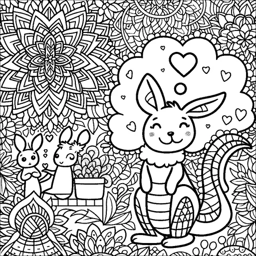 Un canguro sonriente se sienta en el centro de un fondo floral detallado. Encima del canguro hay una burbuja de pensamiento llena de corazones, indicando pensamientos felices. A la izquierda, dos canguros más pequeños están junto a una planta en una maceta. Los patrones de mandala llenan el fondo, añadiendo detalles intrincados en toda la imagen.