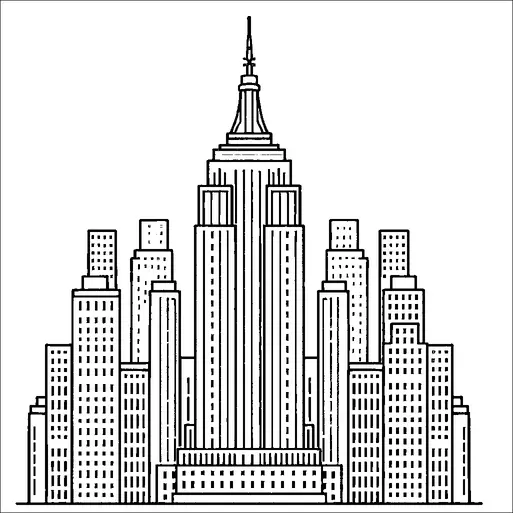 Una ilustración detallada de un horizonte de ciudad que destaca prominentemente el Edificio Empire State. El alto e icónico rascacielos está rodeado de otros edificios rectangulares de diversas alturas. El diseño enfatiza la naturaleza estructurada y geométrica de la arquitectura urbana. La escena es monocromática con un enfoque en el trabajo de línea.