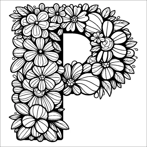 Una gran letra 'P' está intrincadamente adornada con una variedad de flores y hojas. Los diseños florales son detallados, presentando pétalos y follaje que se superponen alrededor de la letra. La composición tiene un arreglo natural y armonioso, creando un visual elegante y decorativo. El diseño monocromático enfatiza los patrones intrincados de los pétalos y las hojas.
