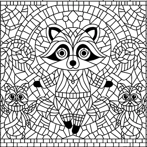 Se representa un mapache en el centro de la imagen, saltando la cuerda con una expresión alegre. Está rodeado por dos mapaches pequeños, uno a cada lado, contra un fondo detallado y estampado. La escena está enmarcada por diseños intrincados que se asemejan a mosaicos, dando a toda la imagen una atmósfera lúdica y dinámica. Los mapaches están estilizados, con contornos audaces y patrones geométricos.