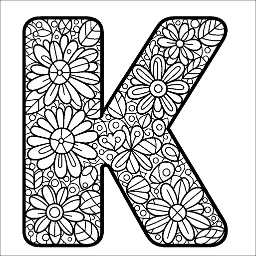 Una gran letra "K" está llena de intrincados patrones florales. El diseño presenta varias flores y hojas, densamente empaquetadas para crear un visual detallado y atractivo. Las flores varían en tamaño y estilo, con formas circulares y de pétalos entrelazadas a lo largo. El aspecto general es intrincado y decorativo, ofreciendo un rico tapiz de elementos botánicos.