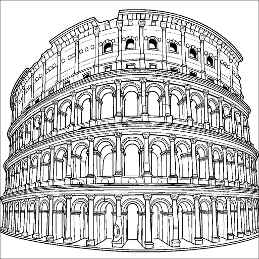Una detallada representación arquitectónica del Coliseo Romano se destaca prominentemente. La estructura es circular, presentando múltiples niveles con arcos y columnas. Cada nivel muestra una serie de arcos bien definidos, mostrando la grandiosidad de la ingeniería romana antigua. Los detalles intrincados resaltan los elementos clásicos del histórico anfiteatro.
