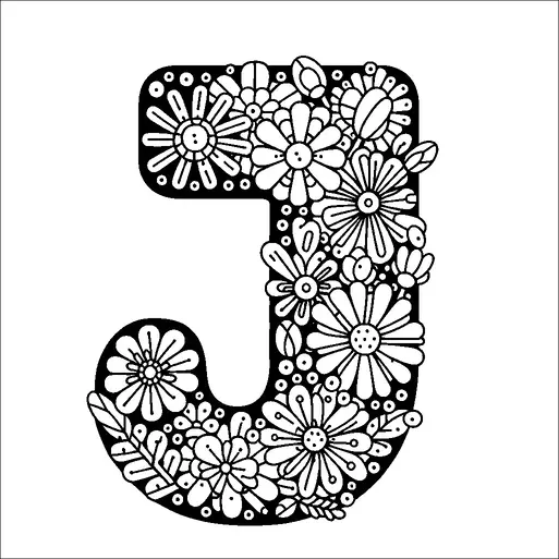 Una gran letra "J" está llena de un intrincado patrón de varias flores y hojas. El diseño incluye flores con diferentes formas y tamaños de pétalos, creando una rica textura floral. Pequeños puntos y otros elementos decorativos se intercalan entre las flores. La apariencia general es densa y detallada, enfatizando la belleza y diversidad de la naturaleza.