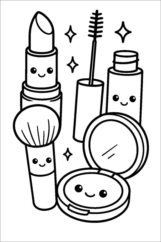 Adorable makeup items are illustrated with smiling faces, including a lipstick, a makeup brush, a compact, and a tube of mascara. Sparkling stars are scattered around, adding to the cheerful and lively atmosphere. The items seem to have a playful and friendly personality. Each product is drawn with simple, clean lines and facial expressions that add charm to the scene.
