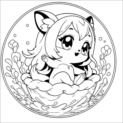 Söpö chibi-hahmo suurine silmineen ja kissamaisine piirteineen istuu pyöreässä, oikullisessa kehyksessä. Hahmolla on terävät korvat, tuuhea tukka ja se on ympäröity abstrakteilla, aaltoilevilla muodoilla, jotka muistuttavat vettä tai tuulta. Sen ilme on iloinen ja leikkisä, mikä lisää kuvan viehättävää vetovoimaa. Suunnittelu sisältää elementtejä, kuten kuplia ja kaarevia viivoja, jotka korostavat fantasiateemaa.