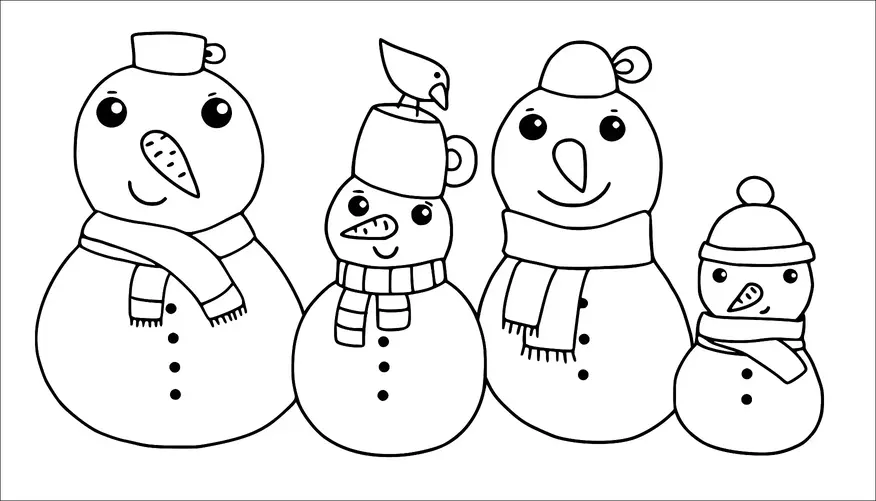 Un groupe de quatre bonhommes de neige est représenté, chacun avec des accessoires différents tels que des écharpes et des chapeaux. L'un des bonhommes de neige a un oiseau posé sur son chapeau en forme de tasse. Tous les bonhommes de neige ont des nez en carotte et des boutons sur le devant. Ils semblent être une famille avec des tailles et des expressions variées.