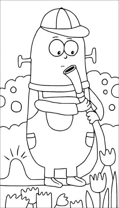Un personnage de dessin animé portant une casquette et une salopette tient un tuyau d'arrosage. Le personnage se tient dans un jardin avec des fleurs en fleurs, y compris des tulipes. Les éléments d'arrière-plan comprennent des buissons avec des motifs circulaires et une petite ouverture semblable à une grotte. Le personnage semble concentré ou pensif.
