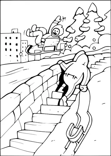 Un enfant portant un bonnet et une écharpe d'hiver monte un escalier enneigé, traînant une luge à côté. Un autre enfant descend joyeusement une colline en luge en arrière-plan, les bras levés d'excitation. Des arbres couverts de neige et des bâtiments urbains créent un décor hivernal pittoresque. Des flocons de neige tombent légèrement, complétant la scène d'hiver.