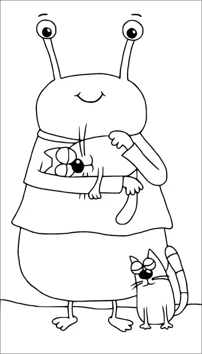 Une créature semblable à un escargot se tient debout, tenant un chat dans ses bras tandis qu'un autre chat est assis à côté de son pied. L'escargot a de grands yeux sur des tiges et une expression simple et amicale. Les deux chats ont de grands yeux et des expressions satisfaites. La scène est ludique et imaginative.