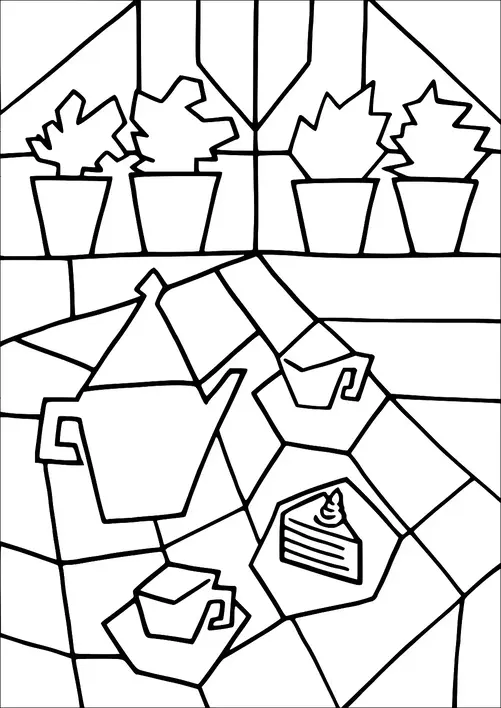 Une scène avec une théière et des tasses à thé disposées autour d'une tranche de gâteau sur une nappe à motifs. Plusieurs plantes en pot sont posées sur une étagère en arrière-plan. La disposition géométrique divise l'image en différentes sections avec des bordures distinctes. Le design a une apparence structurée, semblable à une mosaïque.