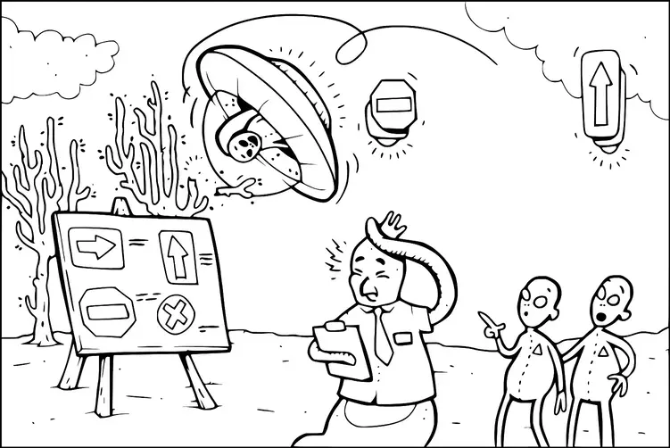 Un homme avec un presse-papiers se tient surpris sous une soucoupe volante, tandis que deux extraterrestres pointent la scène. Il y a un panneau avec des symboles directionnels sur un chevalet à côté de lui, avec des flèches et un "X". L'arrière-plan montre des arbres stériles et des nuages, donnant une atmosphère surnaturelle. La scène est animée et fantaisiste, illustrant une rencontre extraterrestre.