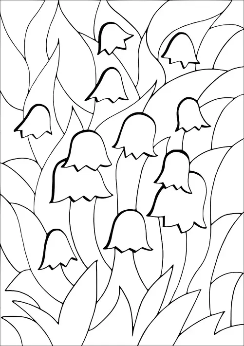 Des fleurs en forme de cloche pendent gracieusement de tiges entourées de grandes feuilles pointues. L'arrangement est dense, créant un effet de superposition avec les feuilles et les fleurs qui se chevauchent. Les fleurs semblent hocher doucement la tête, donnant un sentiment de tranquillité. Les feuilles varient en taille, s'écoulant autour des fleurs dans un motif harmonieux.