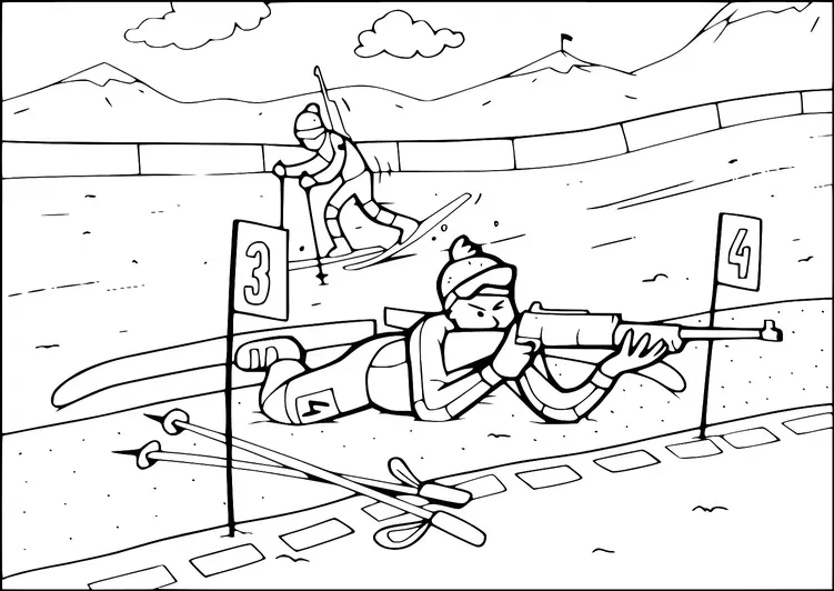 Un biathlète est allongé sur le sol en visant avec un fusil tandis qu'un autre skieur fait la course en arrière-plan. Des panneaux numérotés indiquent les couloirs de tir. Des bâtons de ski sont posés sur la neige à côté du tireur. Des montagnes enneigées et des nuages sont visibles au loin.