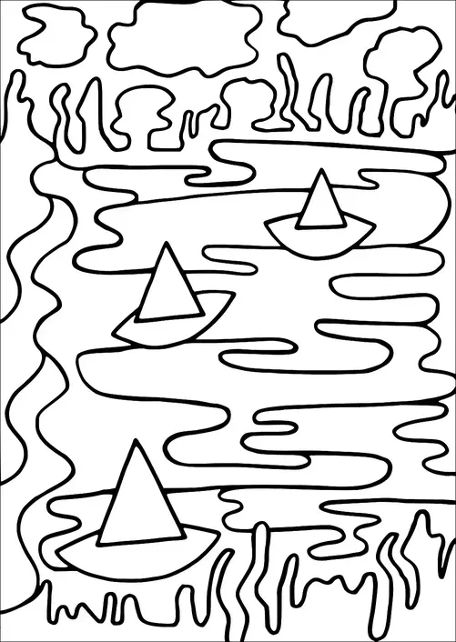 Trois voiliers flottent sur une rivière sinueuse. La scène est entourée de formes abstraites représentant des arbres et des nuages. La rivière a des motifs ondulés qui traversent le paysage. Les bateaux ont des voiles triangulaires simples.