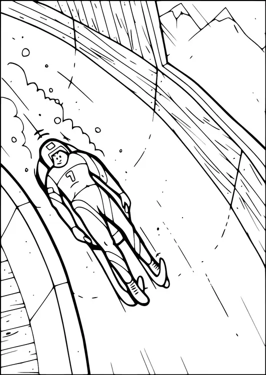 Une personne fait de la luge sur une piste de glace, portant un casque et une combinaison marquée du numéro un. La luge est en mouvement, indiqué par des lignes dynamiques autour d'elle, suggérant la vitesse. La piste est représentée avec des panneaux de bois courbés, et des montagnes sont visibles à l'arrière-plan. La scène capture un moment d'action sportive hivernale à rythme rapide.