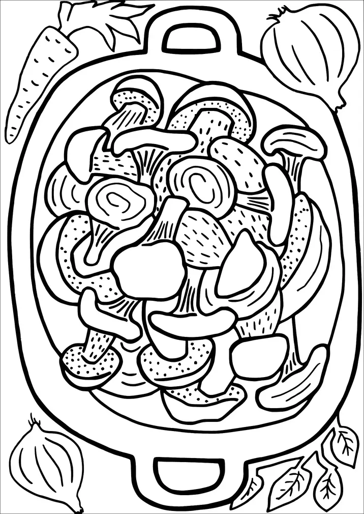 Une variété de champignons sont disposés dans une marmite avec des poignées. Autour de la marmite se trouvent un oignon, une carotte et des feuilles de laurier. Les champignons comprennent différents types et sont coupés en diverses formes. Les ingrédients sont prêts pour une préparation culinaire.