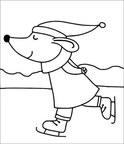 Une souris joyeuse fait du patin à glace en plein air, portant une longue écharpe et un bonnet d'hiver avec un pompon. La souris glisse gracieusement sur la glace sur fond de collines enneigées. La scène capture un sentiment de joie et de mouvement dans un paysage hivernal serein. L'expression de la souris est satisfaite et joyeuse.